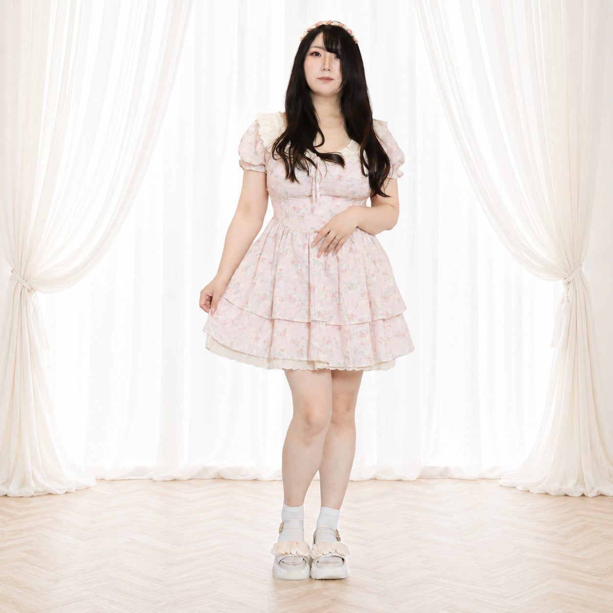 大きいサイズ レディース Sweet Bouquet Cotton Flared Mini Dress (L/LL/3L/4L/5L)