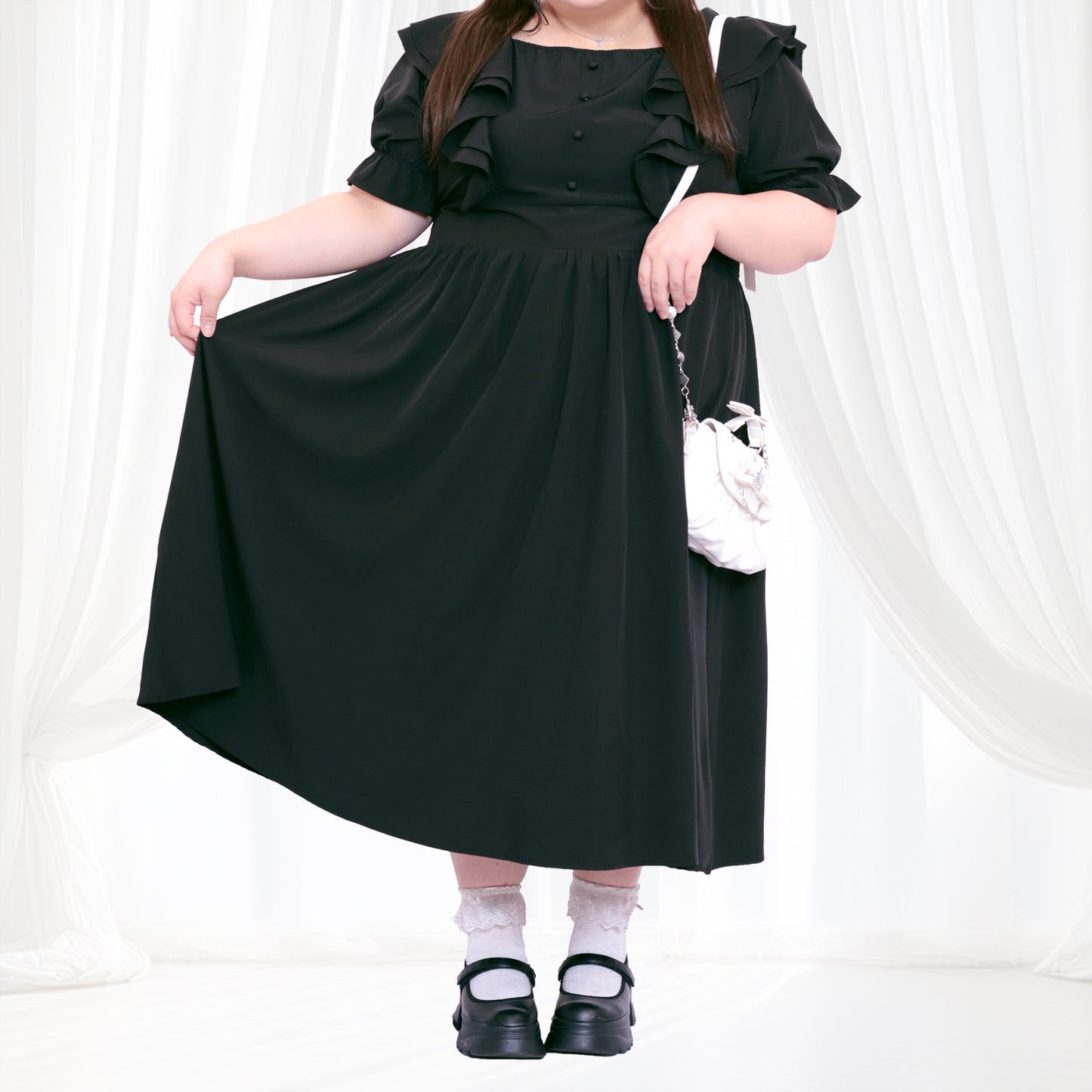 大きいサイズ レディース Sweet Black Fluffy Memory Dress (3L/4L/5L/6L) / Taberunosky
