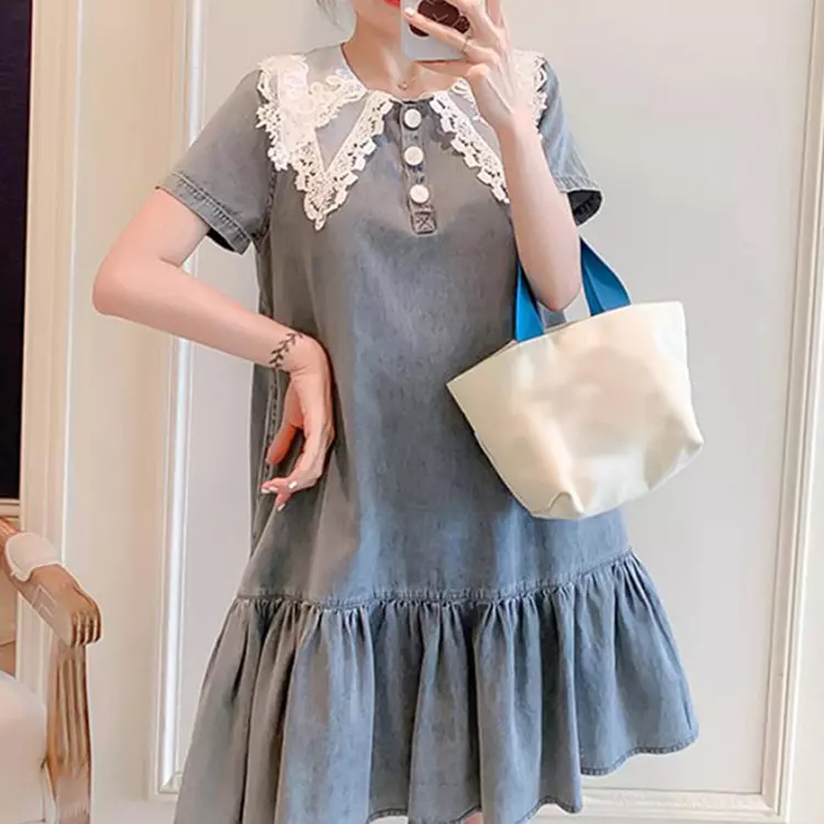 韓国ファッション 半袖デニムワンピース ライン入り ブルー Sサイズ - 1