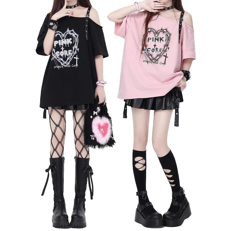 大きいサイズ レディース PINKCOREショルダーベルトTシャツ(3L-5L相当ワンサイズ)/Taberunosky(タベルノスキー) Tシャツ,大きいサイズ,プラスサイズ,カジュアル,夏,トップス,無地,ピンク,ブラック,半袖,地雷 1