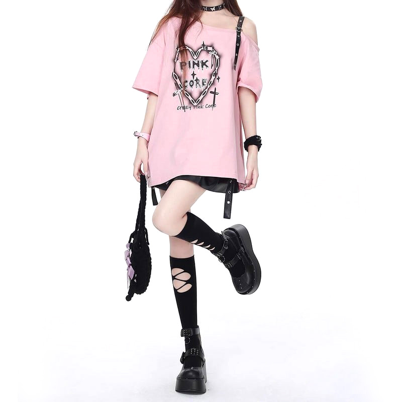 大きいサイズ レディース PINKCOREショルダーベルトTシャツ(3L-5L相当ワンサイズ)/Taberunosky(タベルノスキー) Tシャツ,大きいサイズ,プラスサイズ,カジュアル,夏,トップス,無地,ピンク,ブラック,半袖,地雷 4