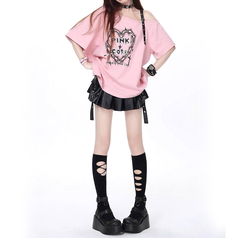 大きいサイズ レディース PINKCOREショルダーベルトTシャツ(3L-5L相当ワンサイズ)/Taberunosky(タベルノスキー) Tシャツ,大きいサイズ,プラスサイズ,カジュアル,夏,トップス,無地,ピンク,ブラック,半袖,地雷 5