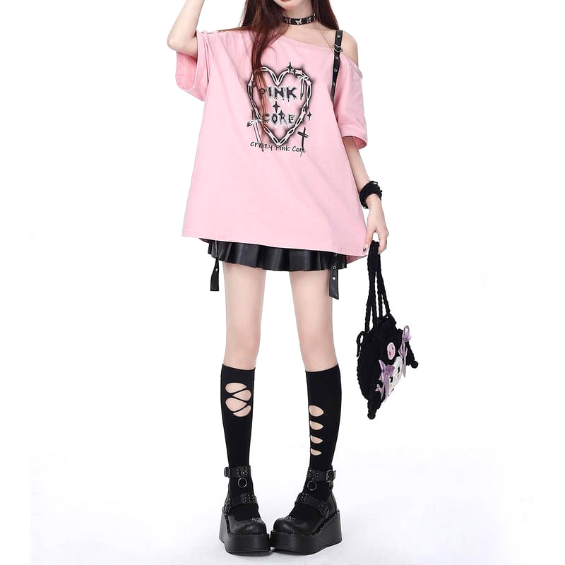 大きいサイズ レディース PINKCOREショルダーベルトTシャツ(3L-5L相当ワンサイズ)/Taberunosky(タベルノスキー) Tシャツ,大きいサイズ,プラスサイズ,カジュアル,夏,トップス,無地,ピンク,ブラック,半袖,地雷 9