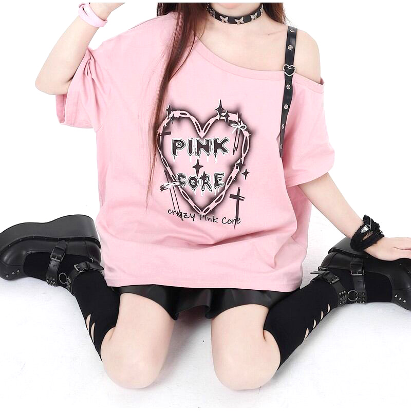 大きいサイズ レディース PINKCOREショルダーベルトTシャツ(3L-5L相当ワンサイズ)/Taberunosky(タベルノスキー) Tシャツ,大きいサイズ,プラスサイズ,カジュアル,夏,トップス,無地,ピンク,ブラック,半袖,地雷 3