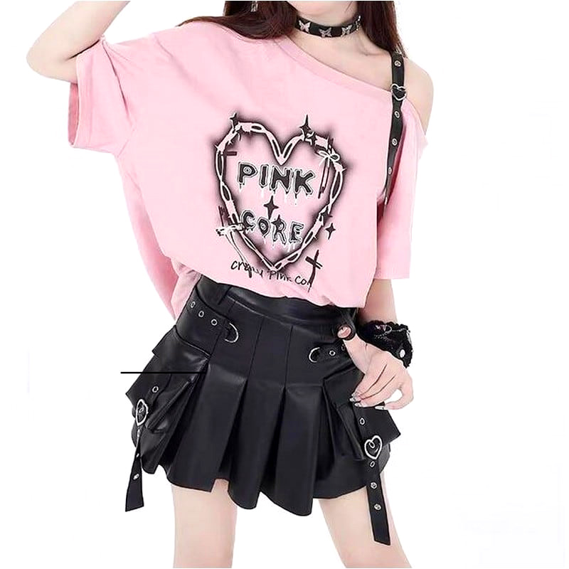 大きいサイズ レディース PINKCOREショルダーベルトTシャツ(3L-5L相当ワンサイズ)/Taberunosky(タベルノスキー) Tシャツ,大きいサイズ,プラスサイズ,カジュアル,夏,トップス,無地,ピンク,ブラック,半袖,地雷 7