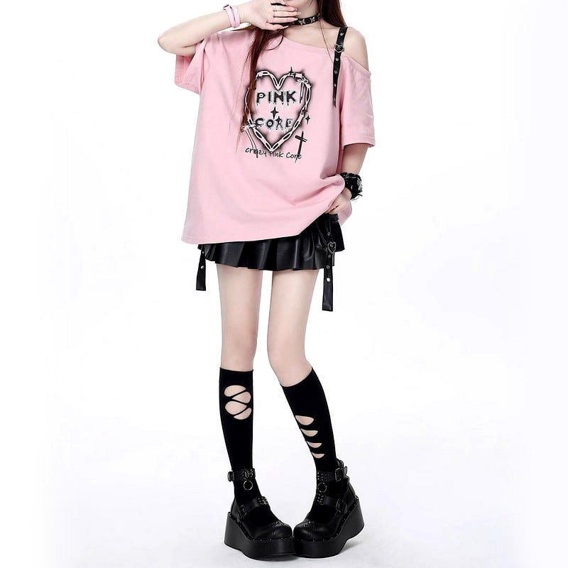 大きいサイズ レディース PINKCOREショルダーベルトTシャツ(3L-5L相当ワンサイズ)/Taberunosky(タベルノスキー) Tシャツ,大きいサイズ,プラスサイズ,カジュアル,夏,トップス,無地,ピンク,ブラック,半袖,地雷 13