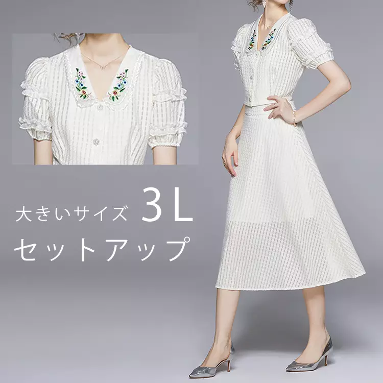 大きいサイズ レディース 花刺繍襟トップス＆スカートセット (LL/3L) 1