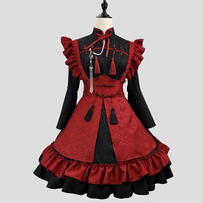 大きいサイズ レディース 中華風ジャガードメイド服ワンピ―ス (M/L/2L/3L/4L/5L/6L)/コスプレ/ハロウィン 大きいサイズ,プラスサイズ,ワンピース,長袖,ゴスロリ,ロリータ,コスプレ,ハロウィン,メイド,8266 2