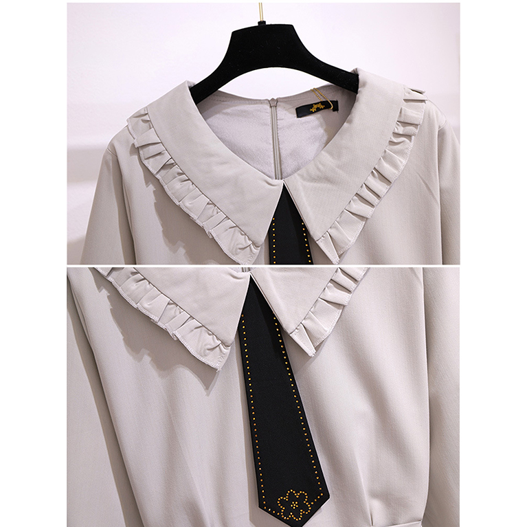 オトメ大きめ襟のネクタイ付きバイカラー長袖ワンピース(3L/4L/5L/6L/7L)/大きいサイズ