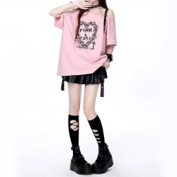 大きいサイズ レディース PINKCOREショルダーベルトTシャツ(3L-5L相当ワンサイズ)/Taberunosky(タベルノスキー) s13