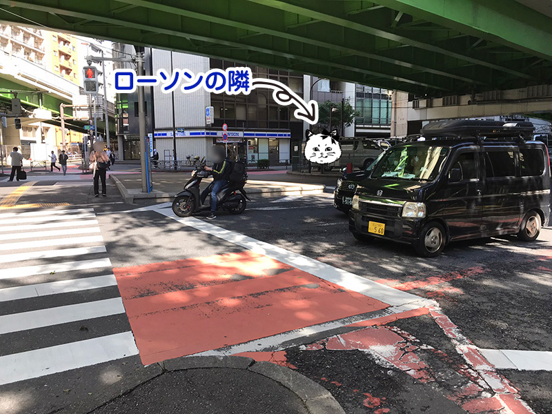 大きいサイズレディース店舗タベルノスキーは高速道路の下の大きな信号を渡り、ローソンの隣がお店となります。